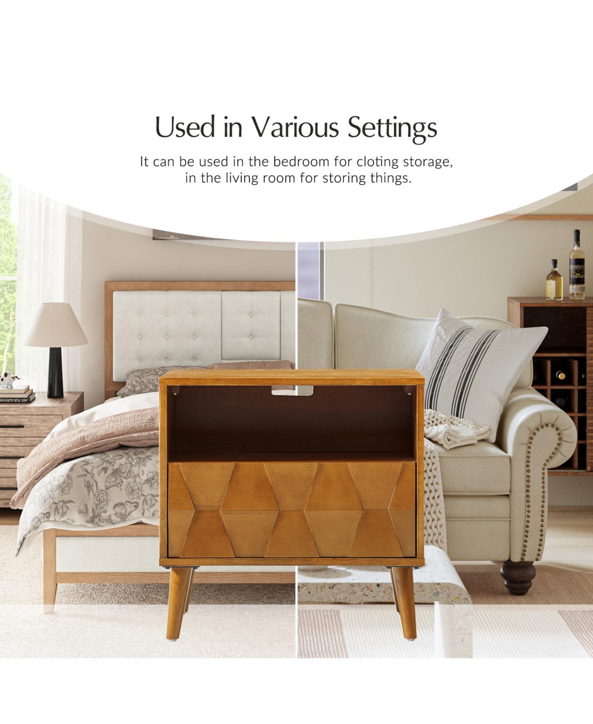 Zenaida Mid-century Modern Nightstand with Charging Ports and Hidden Drawer