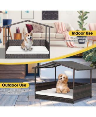 Outdoor Wicker Dog House with Weatherproof Roof-White