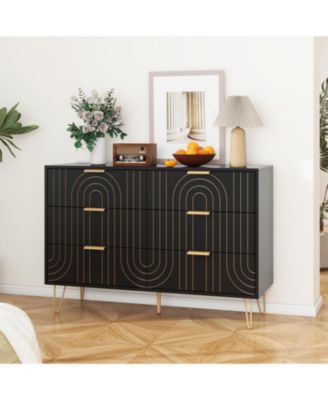 Carved Storage Cabinet with 6 Drawer and Metal Handles