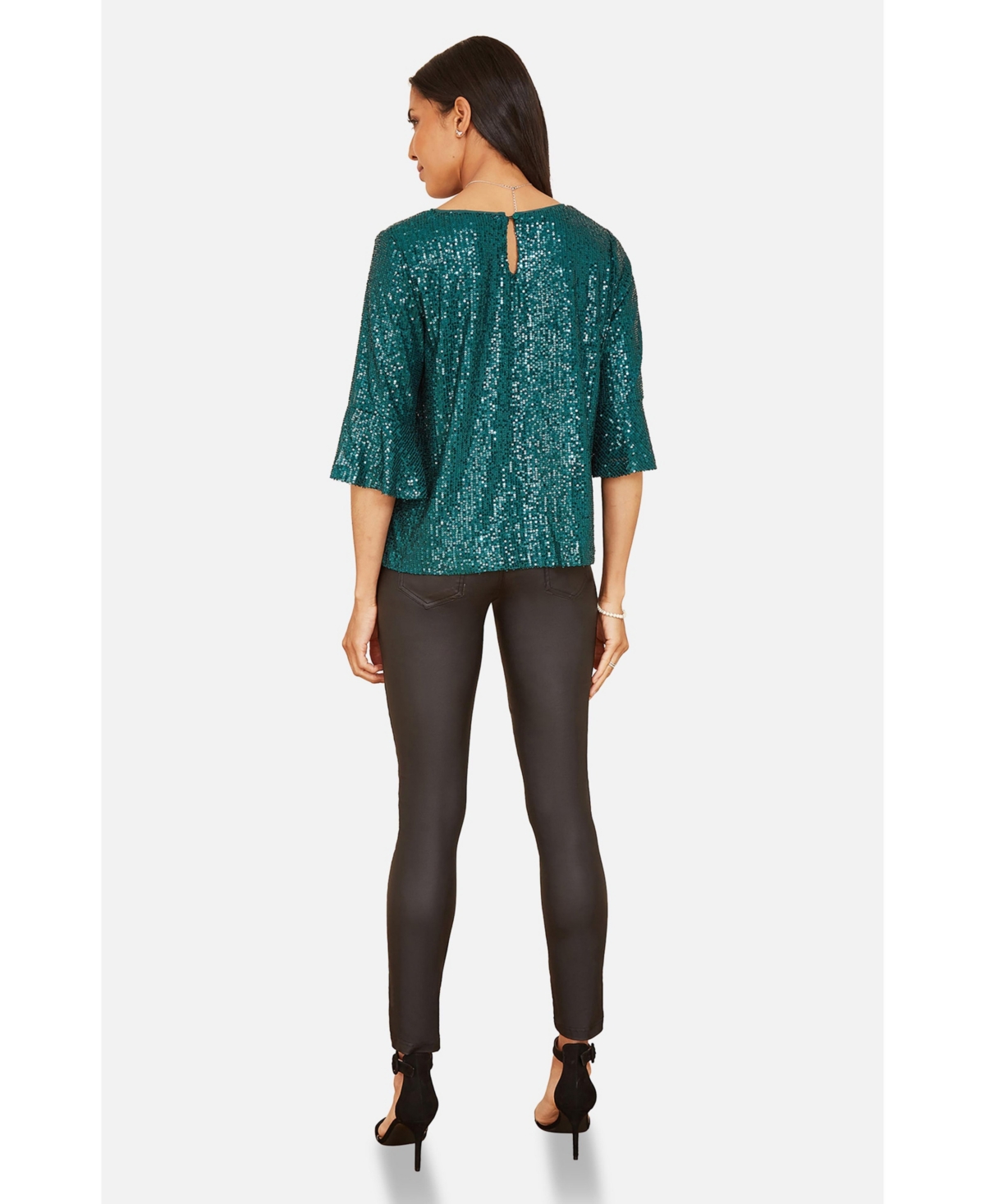 Yumi Women's Fluted Sleeve Sequin Top
