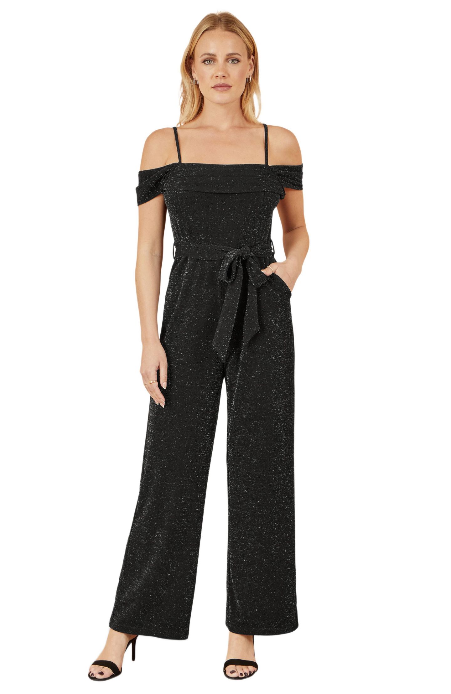 Женский комбинезон Yumi Sparkle Stretch Bardot Jumpsuit, цвет: Чёрный — фото 1