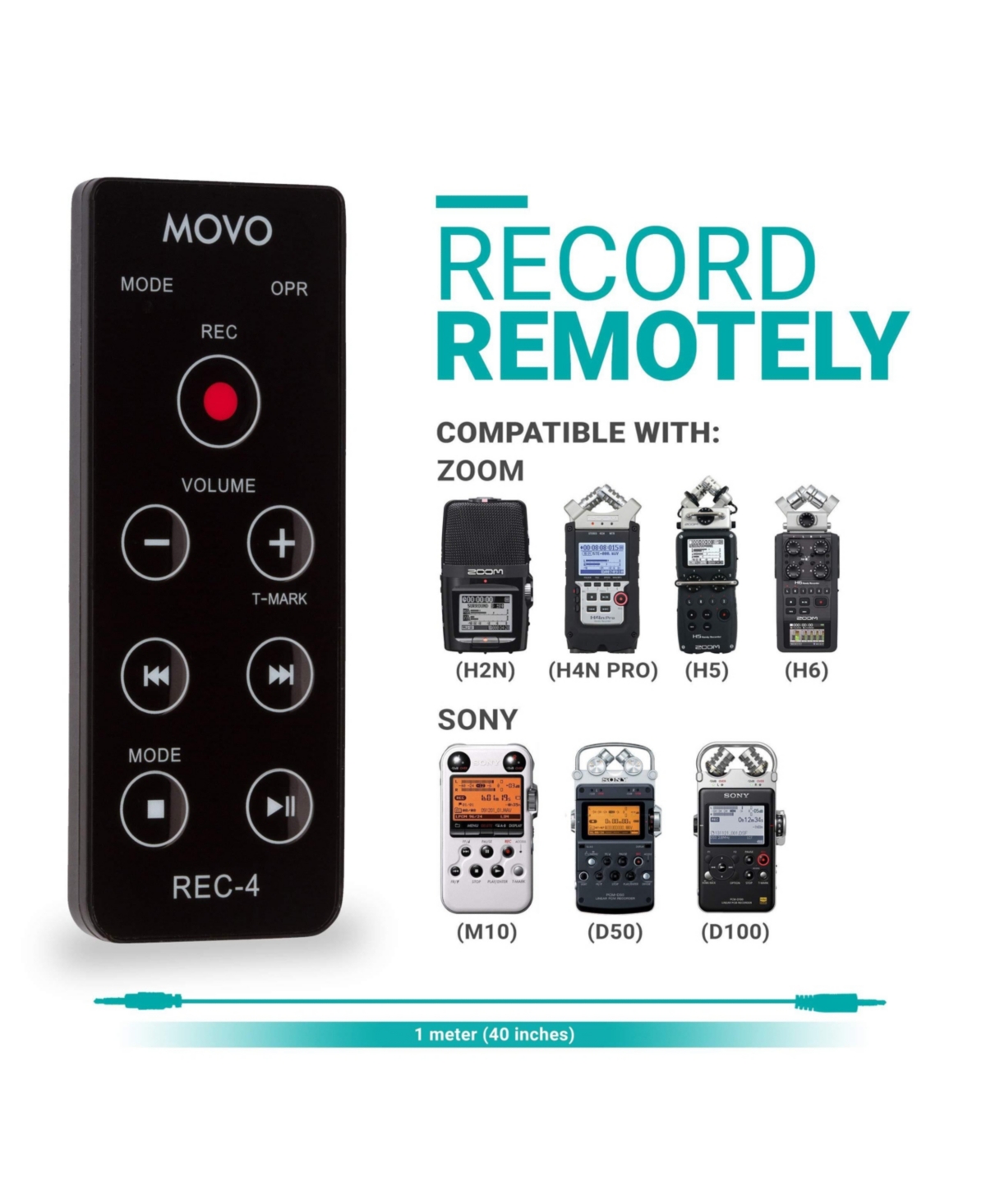 Movo Rec-4 Wired Remote Control for Zoom H2n, H4n Pro, H5 & H6 Portable Digital Handy Recorders
