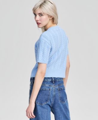 Petite Crewneck Short-Sleeve Cardigan Sweater