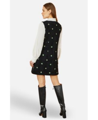 Women's Embroidered Button Up Pinafore Dress
