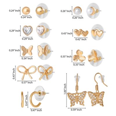 Gold-Tone Bow, Butterfly & Pearl Stud & Hoop Earring Set, 12 Pairs