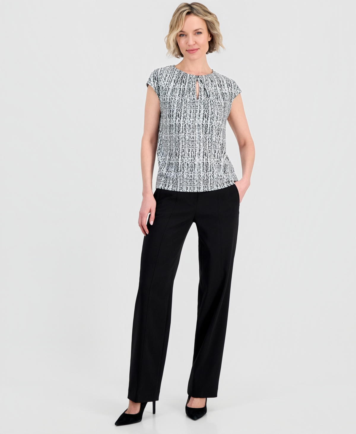 Anne Klein Women's Pleat-Keyhole-Neck Short-Sleeve Top