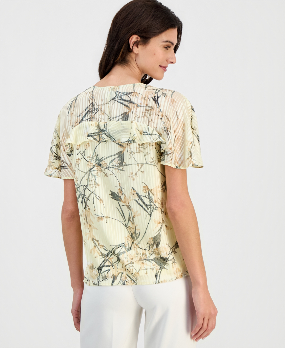 Anne Klein Women's Printed V-Neck Ruffle-Trim Top