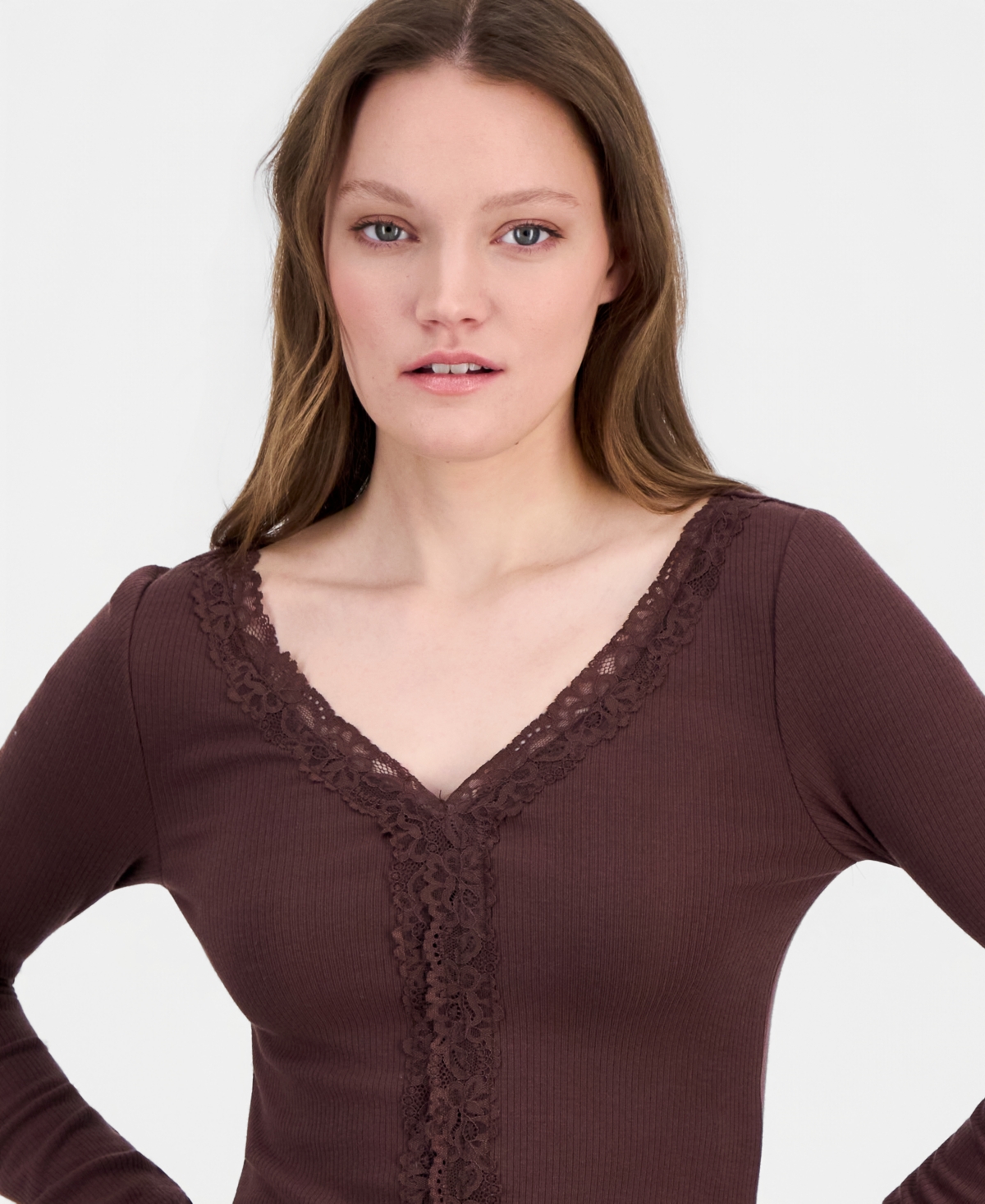 Derek Heart Juniors' Lace-Trim Long-Sleeve Ribbed Top