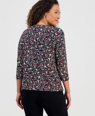 Womens Pleat-Neck 3/4-Sleeve Blouse, Regular & Petite