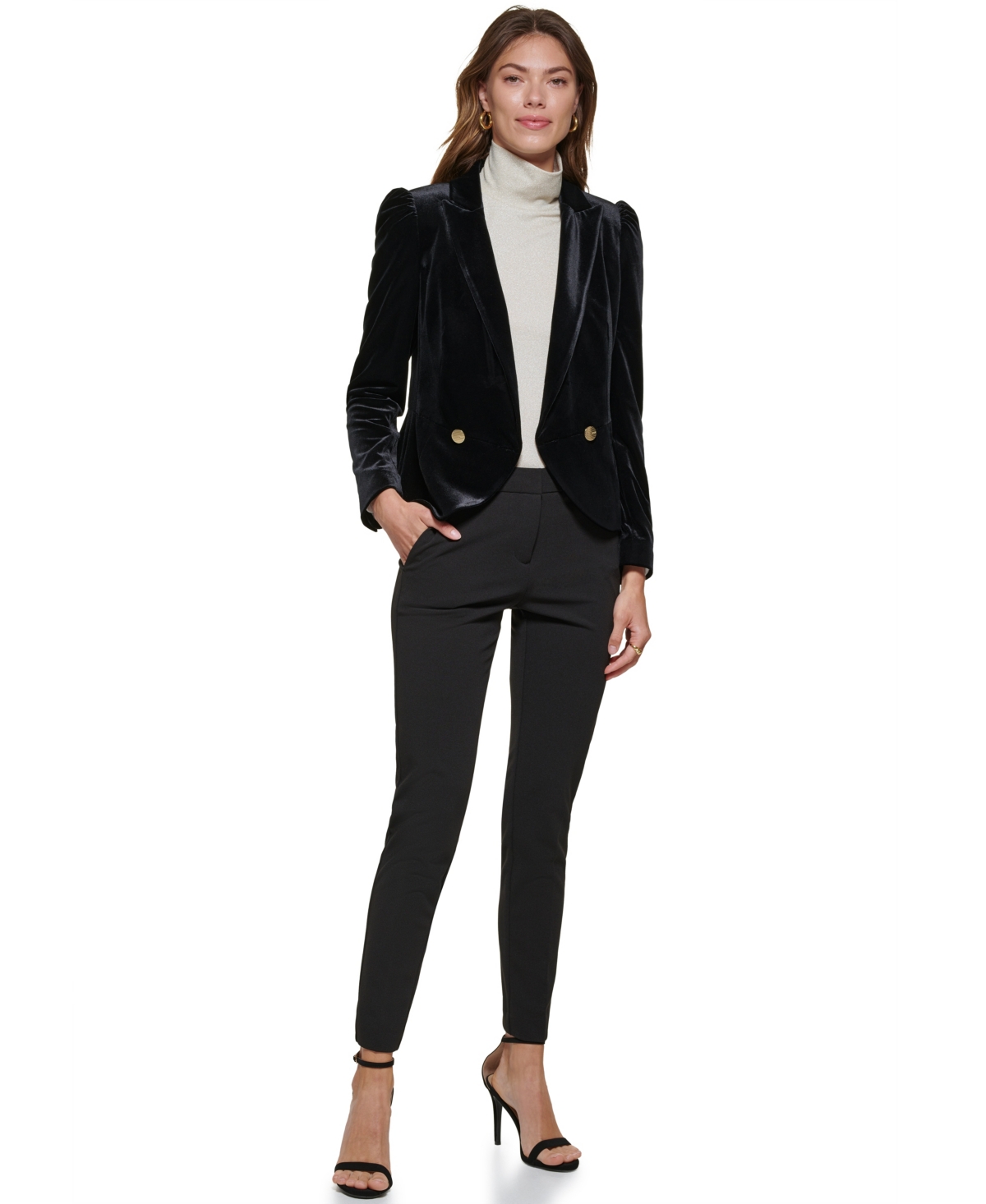Dkny Petite Notch Collar Puff-sleeve Velvet Jacket In Black