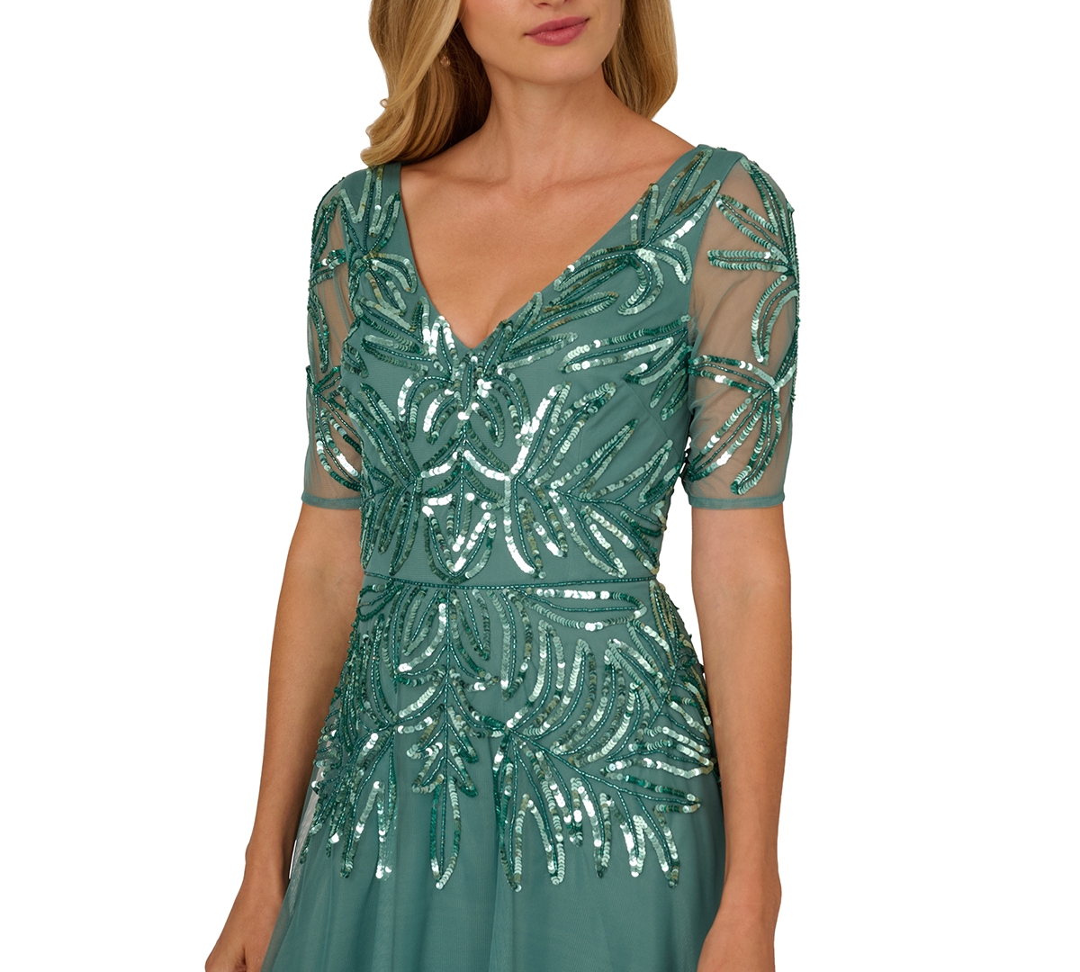 Adrianna Papell Women's Embellished Mesh V-neck Gown In Green