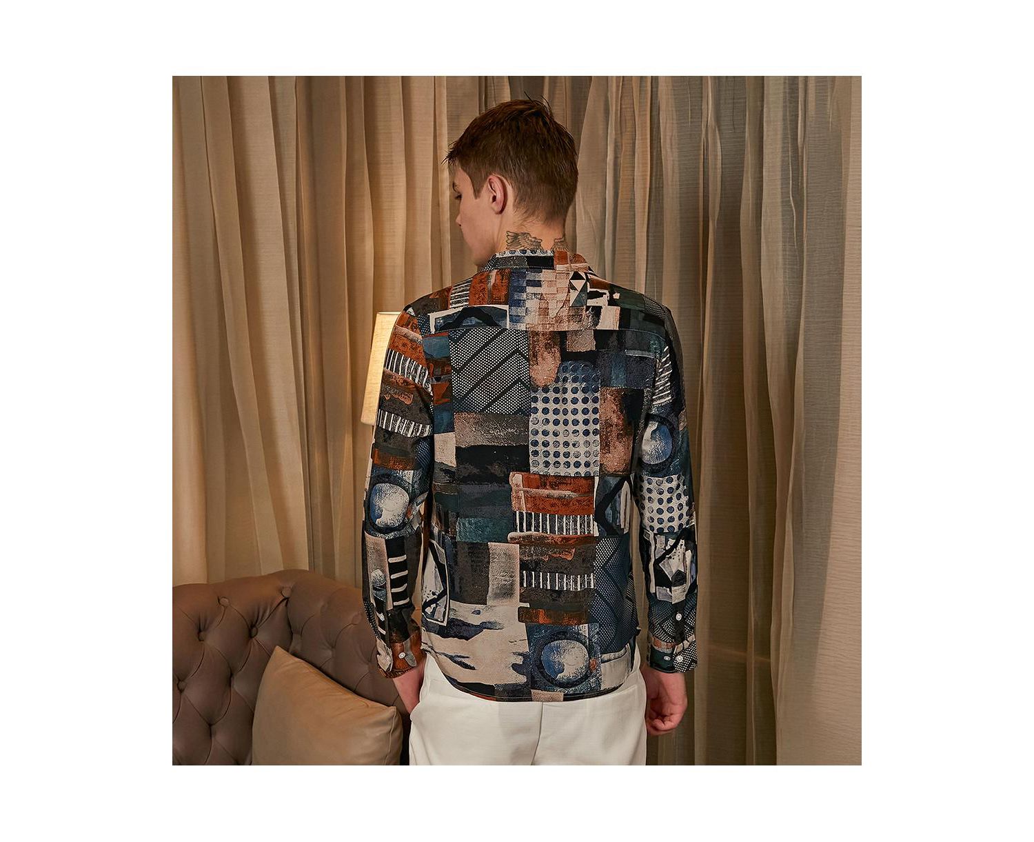 Men's Indigo Blue & Coffee Brown Earthy-Abstract Shirt