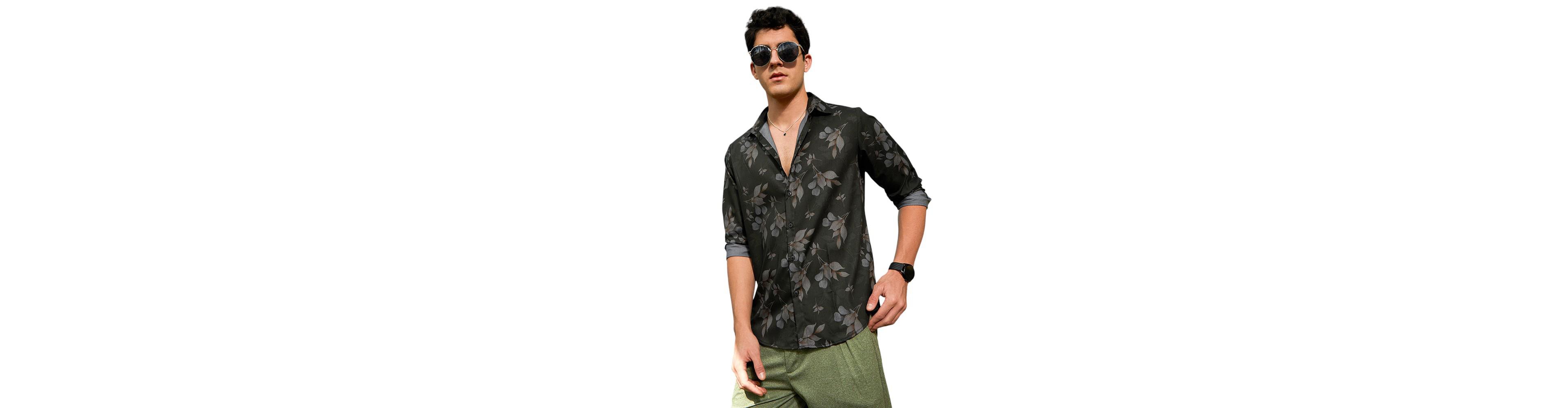Campus Sutra Men's Charcoal Grey Stamped-Foliage Shirt
