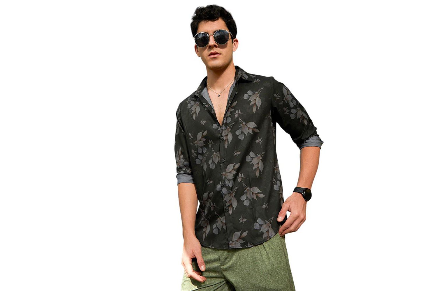Men's Charcoal Grey Stamped-Foliage Shirt