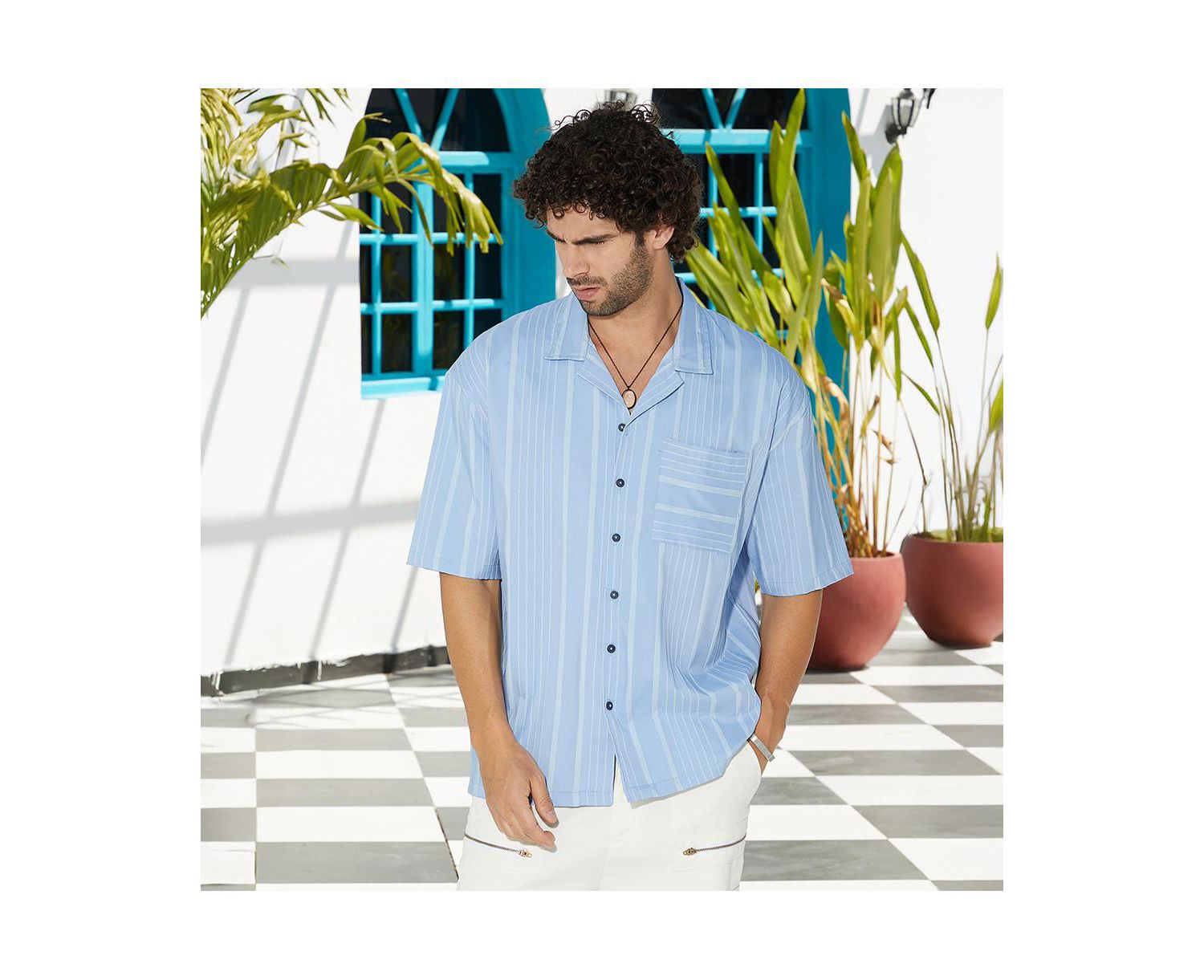 Men's Powder Blue Unbalanced-Ridge Oversized Shirt
