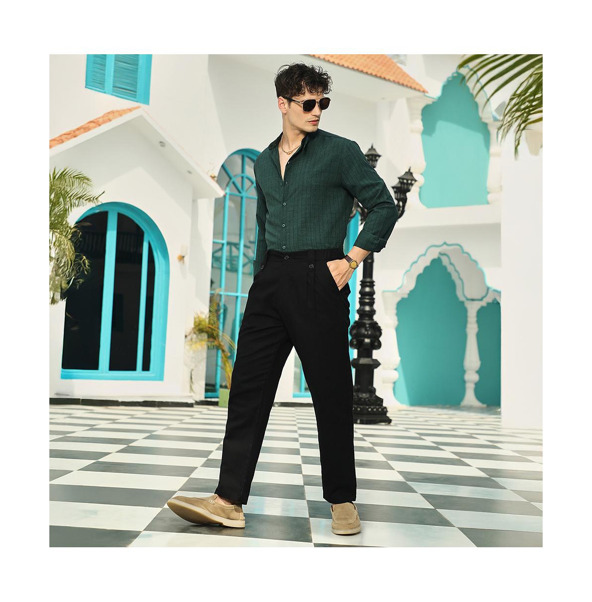 Campus Sutra Men's Emerald Green Pinstriped-Tactile Shirt