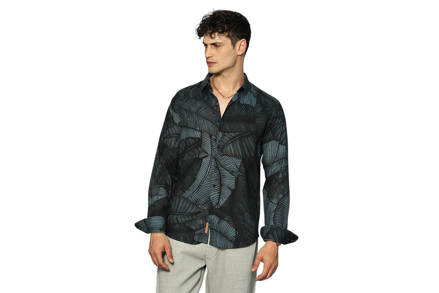 Men's Viridian Green Foliage-Outline Shirt