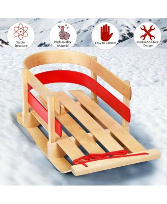 Wooden Snow Sled for Kids Classic Pull Sled with Backrest and Rope