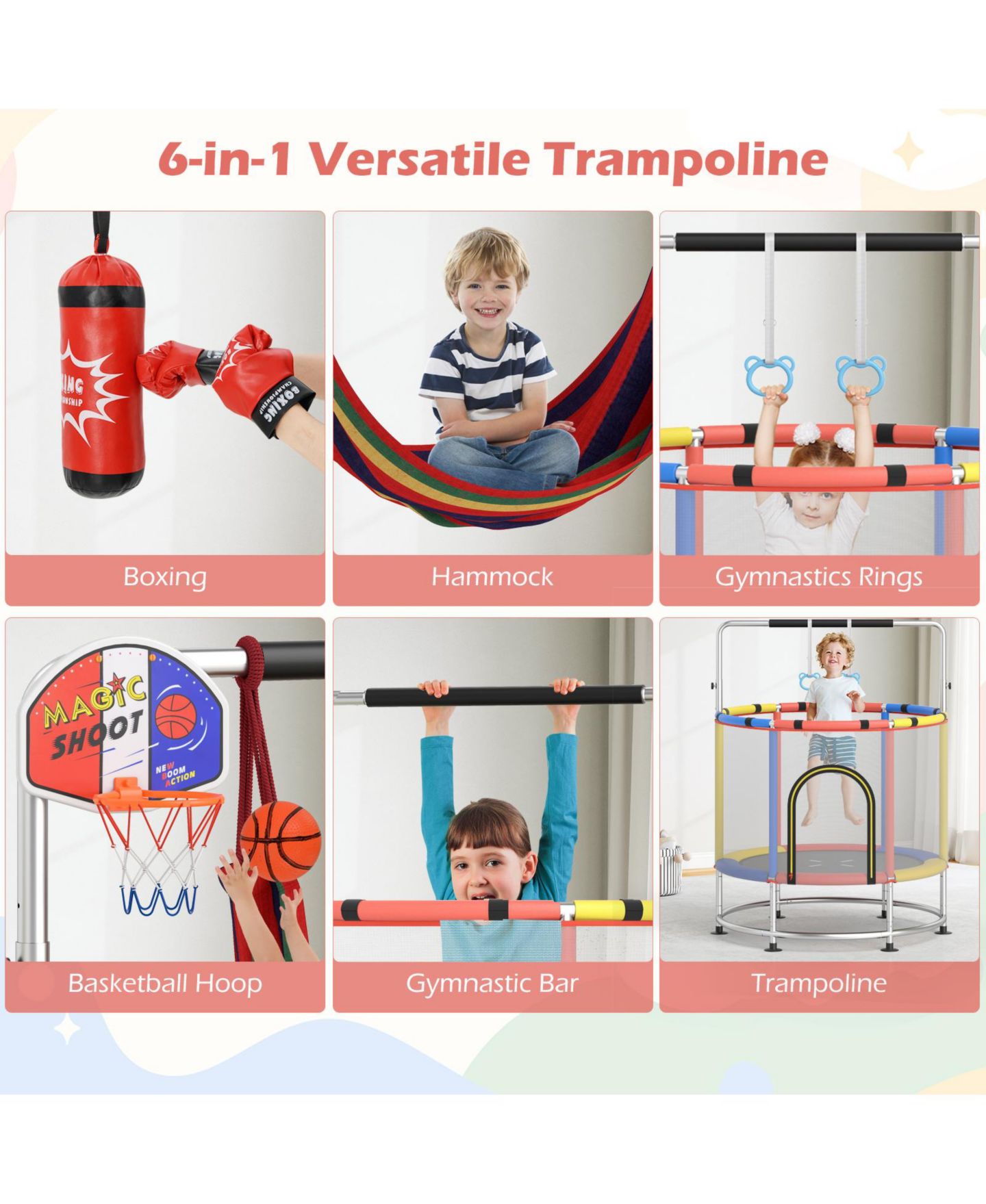 Детская игрушка HONGGE 6-in-1 Kids Trampoline with Basketball Hoop Gymnastics Bar, цвет: Красный — фото 7