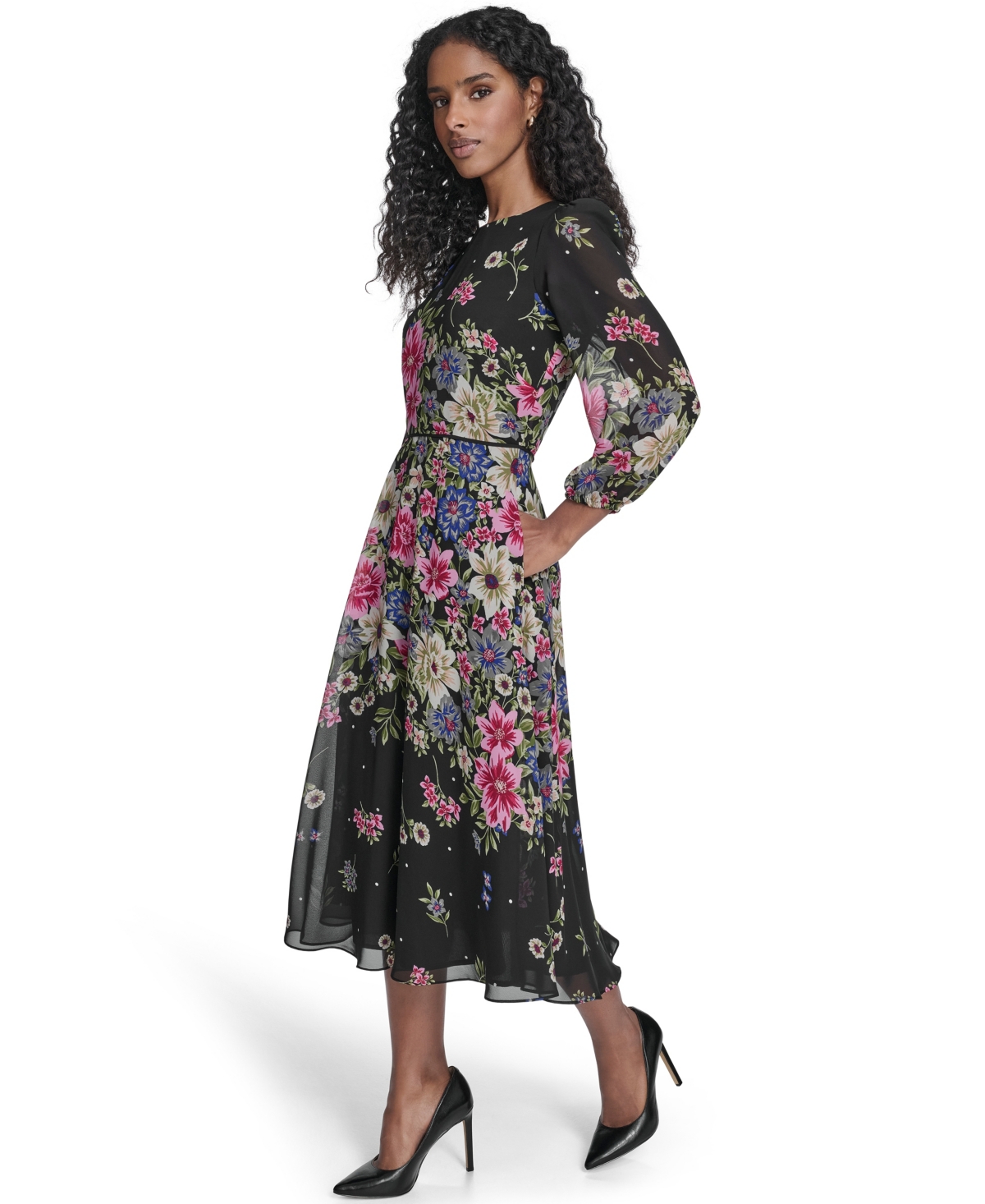 Jessica Howard Women's Crewneck Balloon-Sleeve Midi Dress