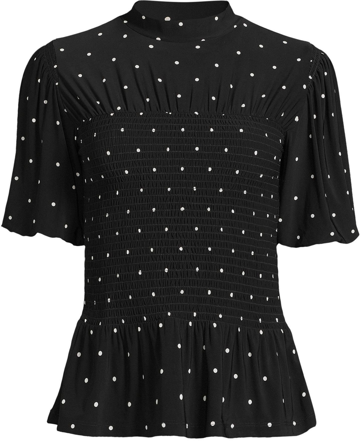 Женский топ Lands' End Bubble Sleeve Silky Knit Smocked Mock Neck Top, цвет: Чёрный / Слоновая кость — фото 4