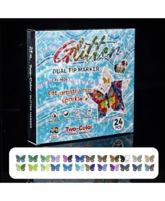 24 Colors Glitter Brush Markers, Double-Ended Two-Color Marker Pens for Doodle, Writing, DIY Crafts Greeting, Birthday Cards Making