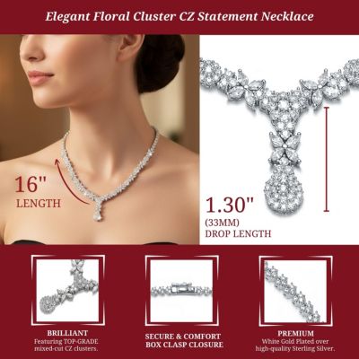 Elegant White Gold Plated Floral Cluster CZ Statement Necklace