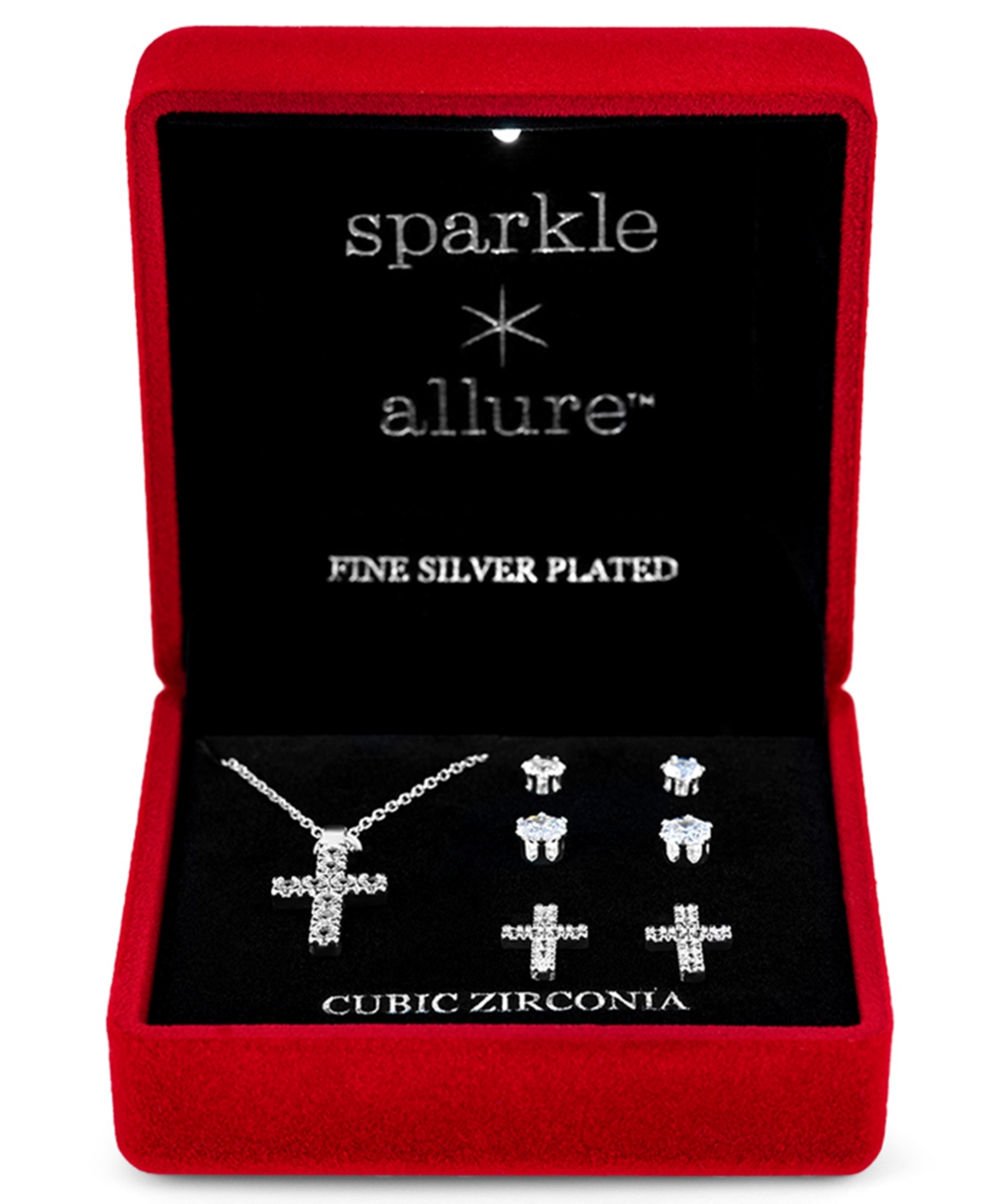 Giani Bernini Silver-Tone Cubic Zirconia Cross Pendant Necklace and 2 of pair Stud Earrings Set