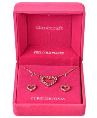 Gold-Tone Cubic Zirconia Heart Pendant Necklace and Matching Earrings Set