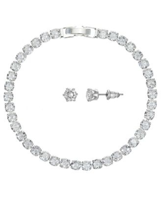 Silver-Tone Cubic Zirconia Tennis Bracelet and Stud Earrings Set