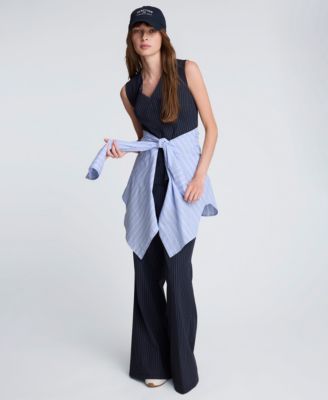 Women's Pinstripe V-Neck Peplum Top