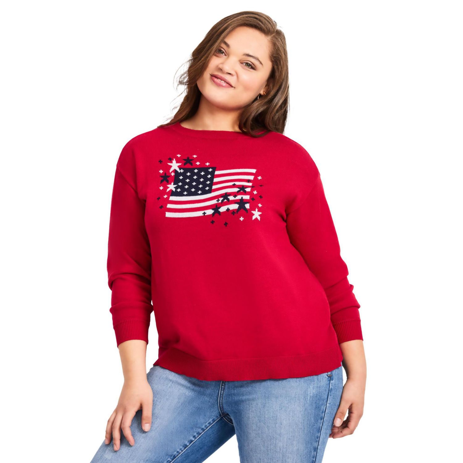 Women's Plus Size Americana Long Sleeve Crewneck Sweater