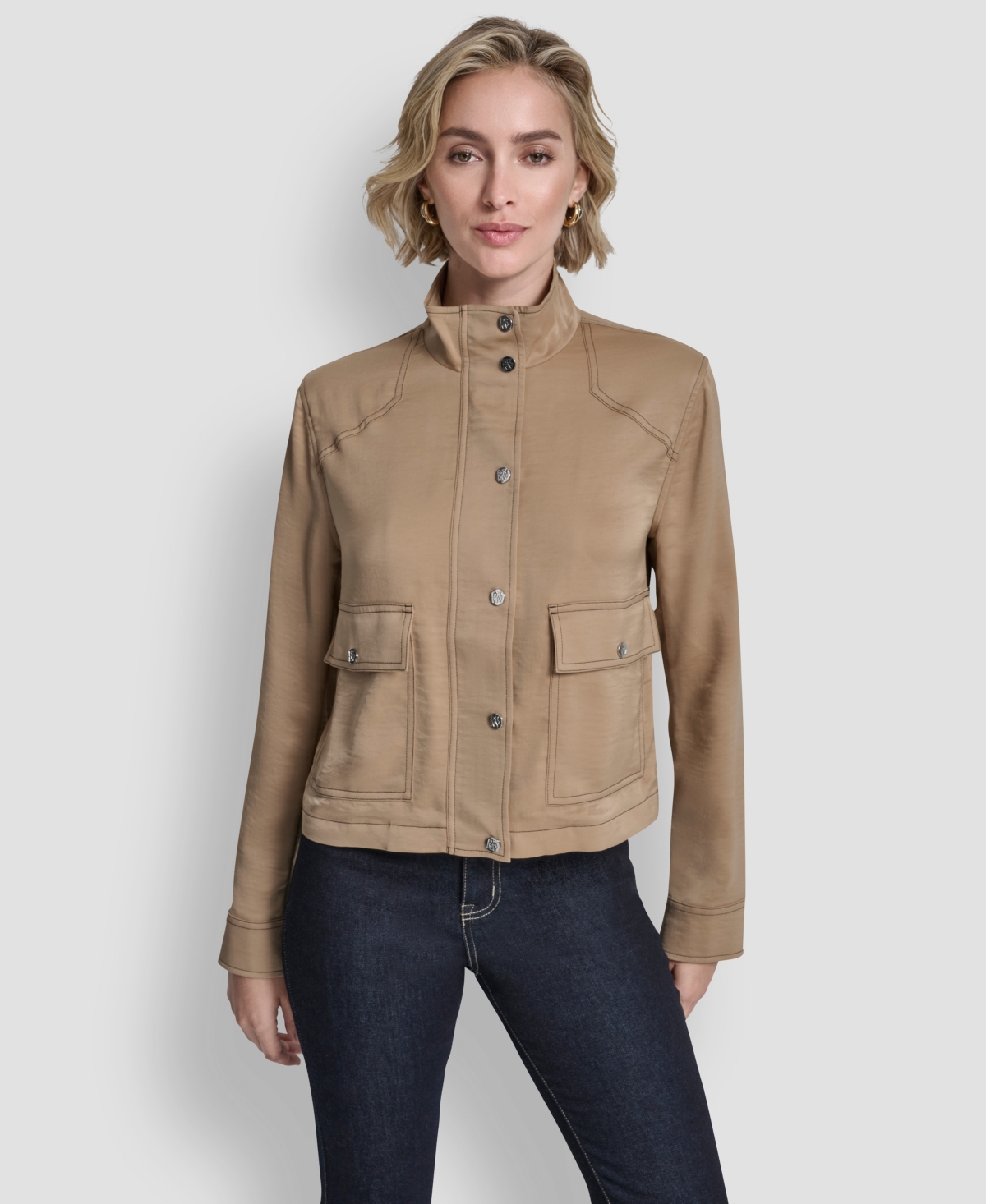 Dkny Women's Top Stitch Glazed High Mock Neck Dressing Jacket In Brown