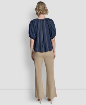 Women's Puff-Sleeve Top Stitch Tie-Front Blouse