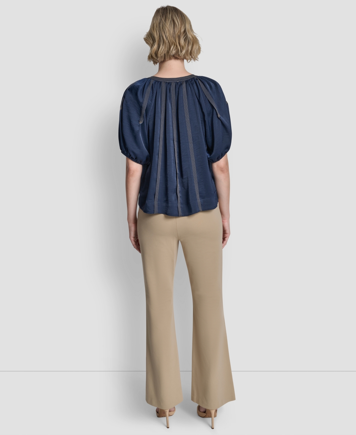 Dkny Women's Puff-sleeve Top Stitch Tie Front Blouse In Blue