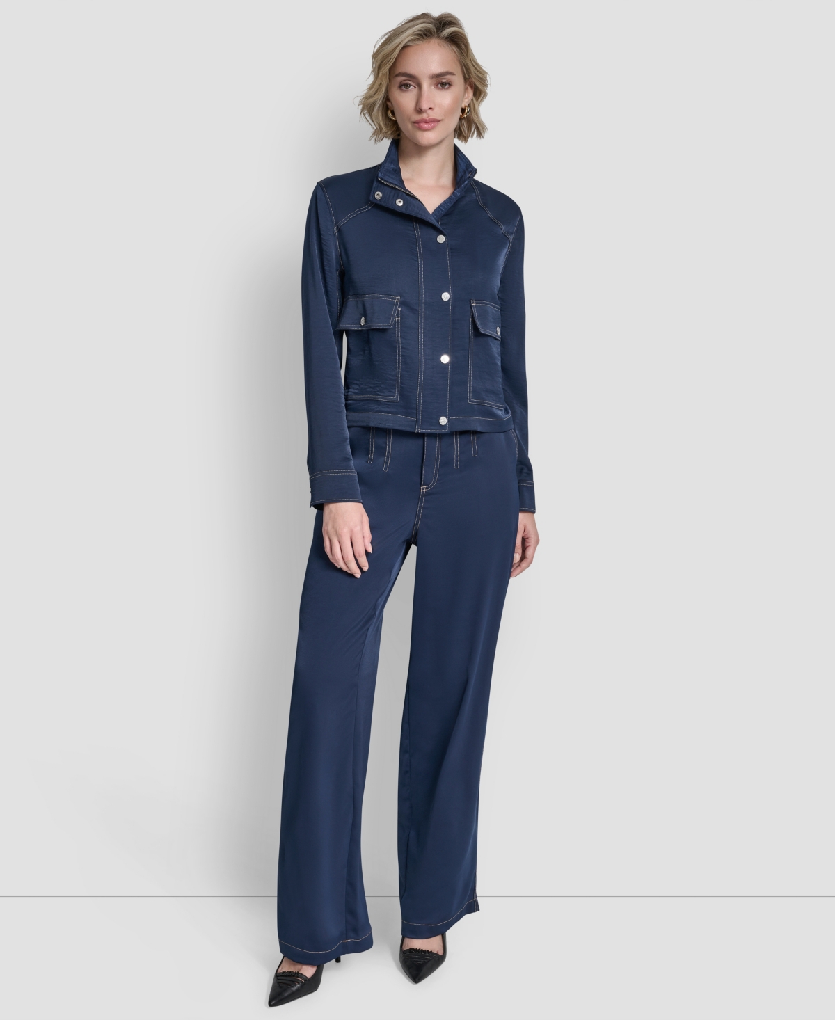 Dkny Women's Top Stitch Glazed High Mock Neck Dressing Jacket In Blue