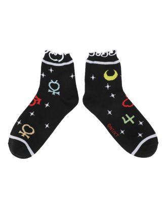 Women's Cosmic Symbols & Cats 3-Pair Lettuce Edge Casual Quarter Crew Socks