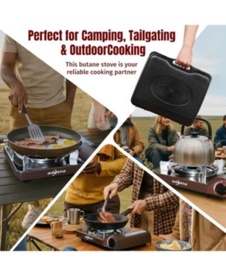 14000 BTU Butane Camping Stove, Double Wind-Guard Portable Stove for Outdoor Cooking, Carrying Case Included, Brown