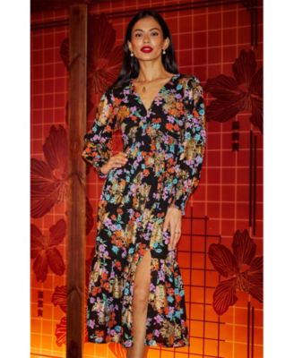 Women's Floral And Foil Ruched Midi Dress