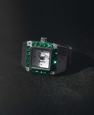 Women's x Dalmata Time Ring Emerald Crystals and Stainless Steel Expandable Ring Watch, 15mm