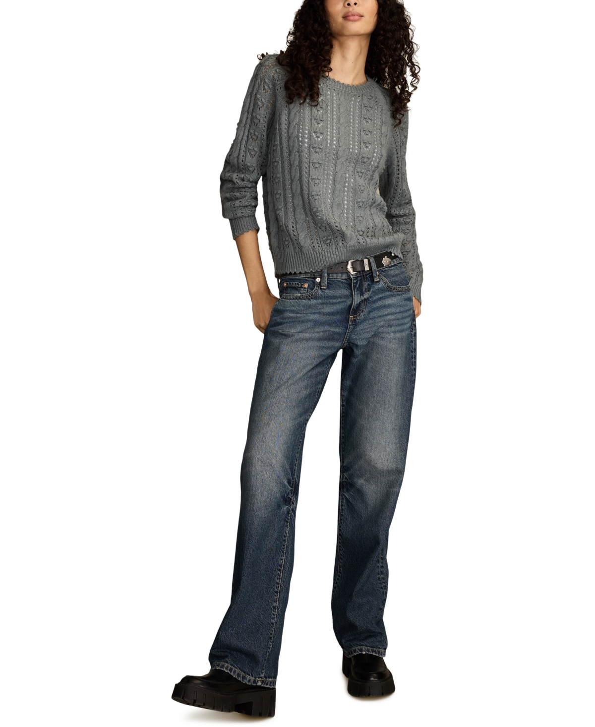 Lucky Brand Women's Pointelle Crewneck Sweater In Gray