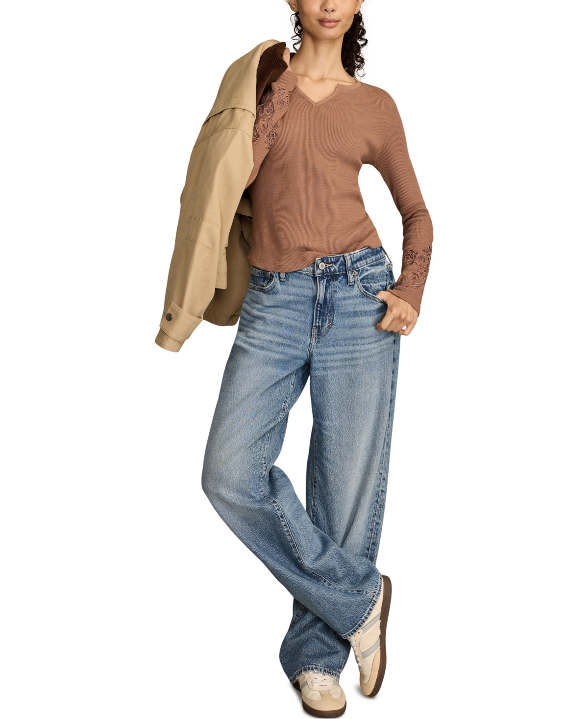 Lucky Brand Cutwork Detail Cotton Rib Top In Brown