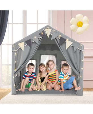3-4 Kids Large Play Tent House w/ 2 Opening Doors Star Lights & Plaid Pennants