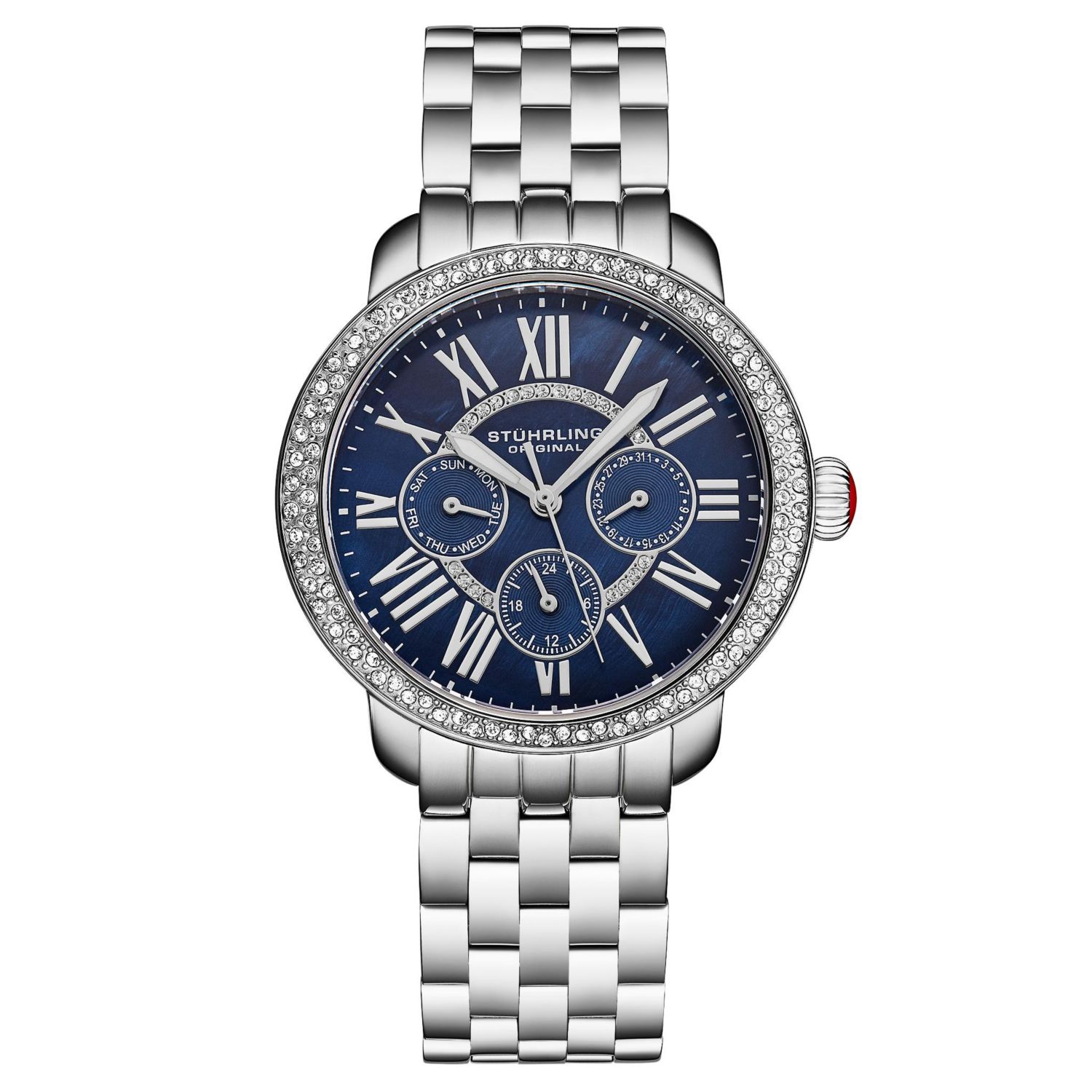 Sonata Women s 38mm Quartz Multifunction Watch - Blue Mother-of-Pearl Dial Crystal Bezel Stainless Steel Bracelet