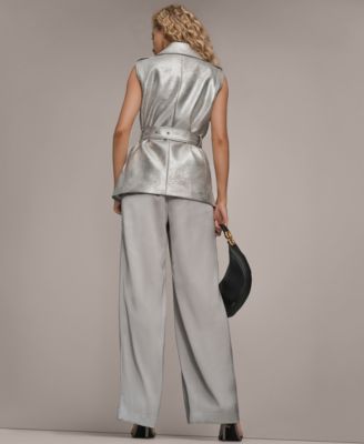 Women's Metallic Belted Sleeveless Vest, Beaded Top, and Wide-Leg Pants