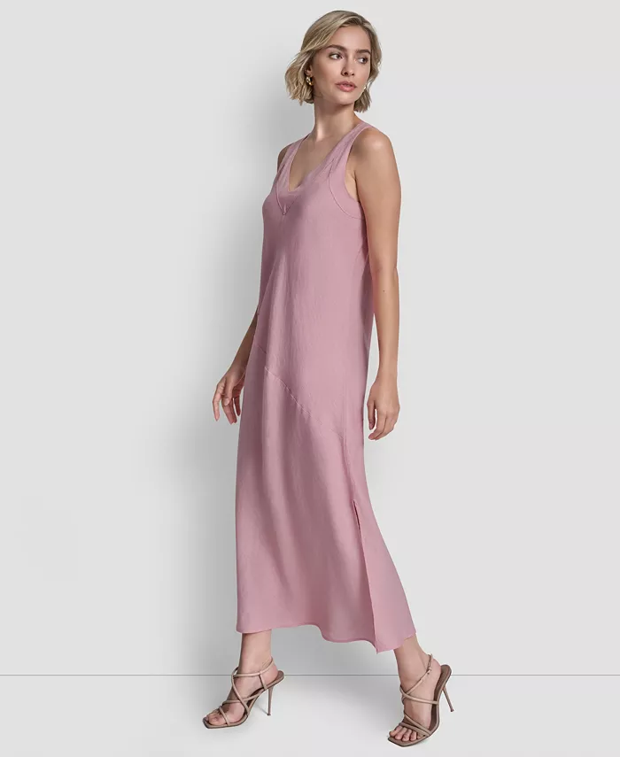 Women's Linen Panelled V-Neck Midi Dress - thumbnail 3