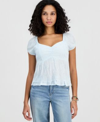 Juniors' Short-Sleeve Embroidered Sweetheart-Neck Babydoll Top