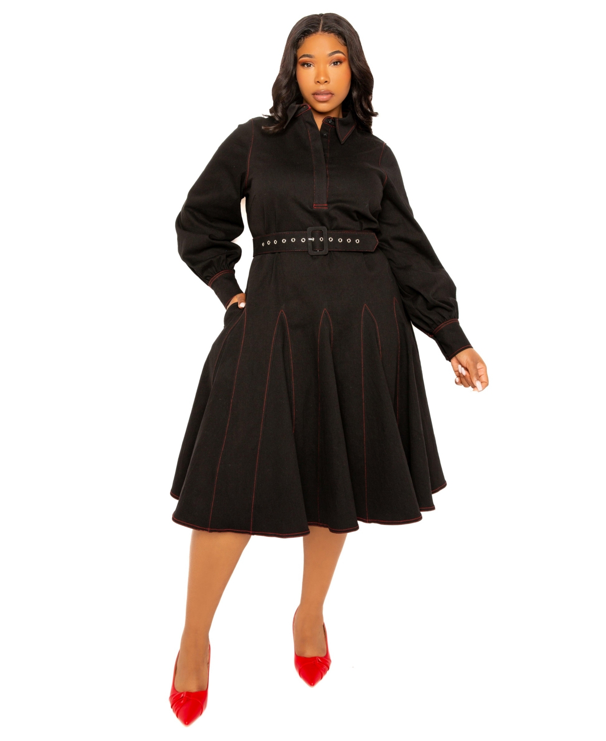 Buxom Couture Plus Denim Belt Shirt Dress