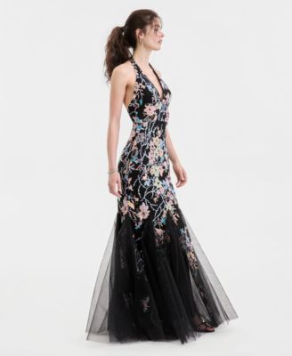 Juniors' Halter-Neck Floral Sequin Mermaid Gown