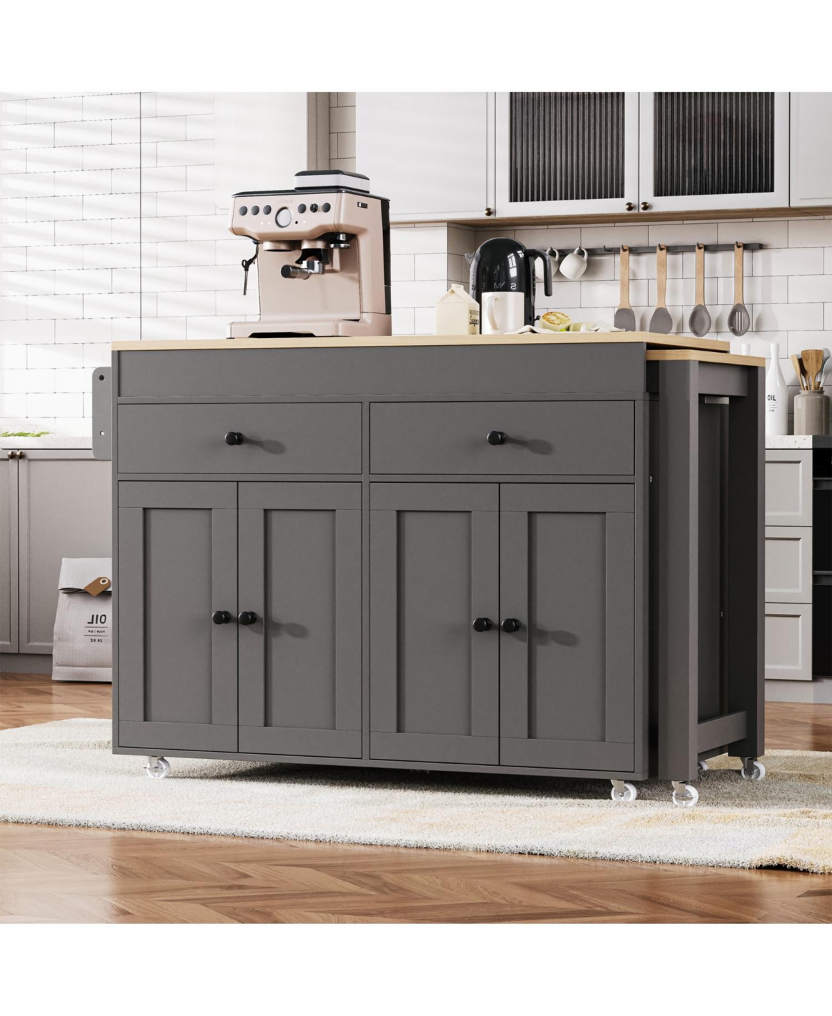 Streamdale Furniture K&K 74.5" Kitchen Island with Extendable Table Spice Rack Drawers & Cabinet